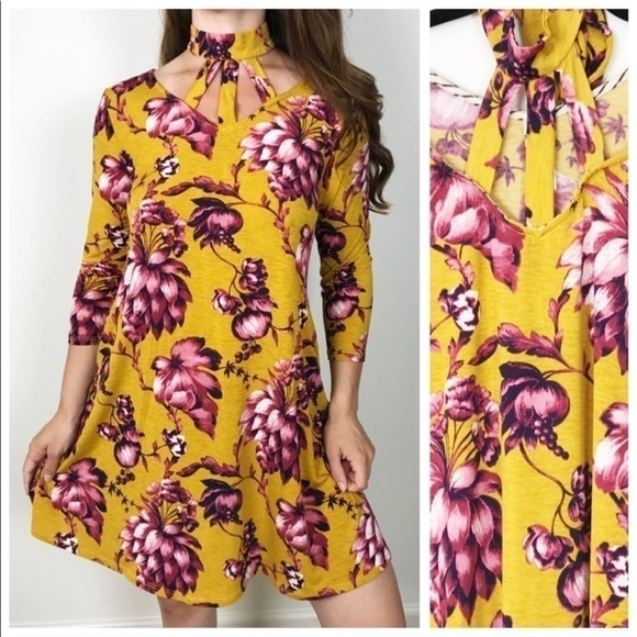 HONEYME Mustard Yellow Floral Cutout Swing Dress small Mock Neck Choker Boho - Picture 1 of 6